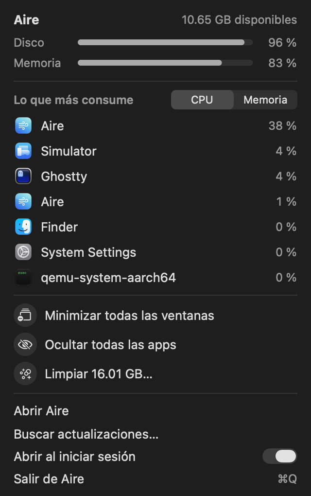 Aire menu bar panel